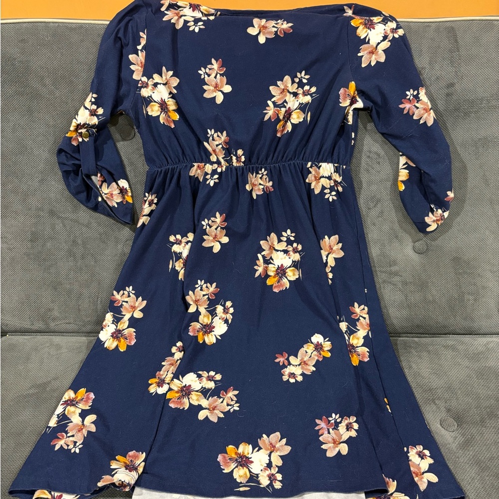 French Grey Navy Floral Long Sleeve Maternity Dress